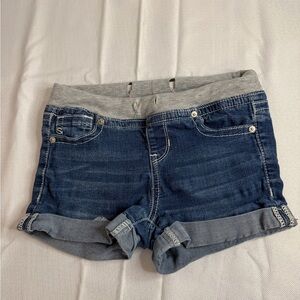 Girls Seven7 Dark Blue Denim Roll-Cuff Shorts with Gray Waistband